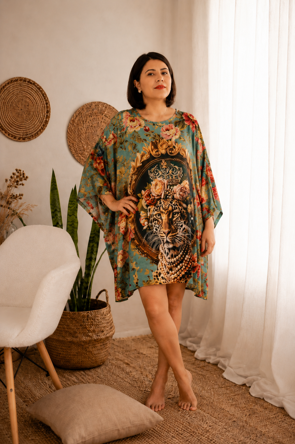 Bata Ampla Com Pedrinhas Estampa Exclusiva De Onça Verde