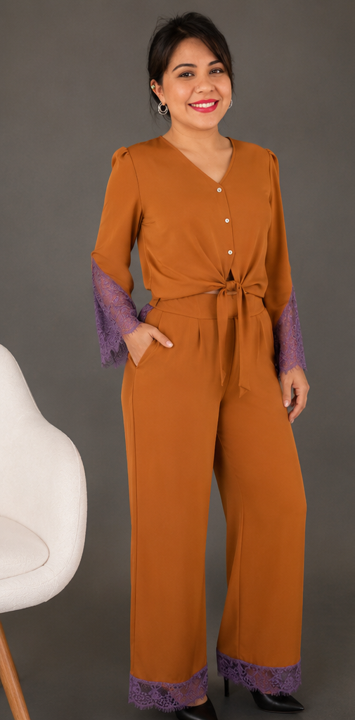 Conjunto Aurora Boho em Cetim e Renda Lavanda